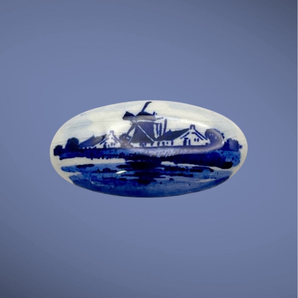 Collectible Vintage Delft Windmill Scene Porcelain Brooch Handcrafted Estate Pc